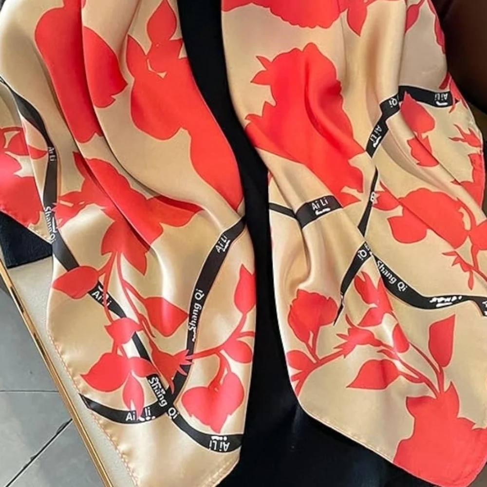 NWT Shang Qi Red Floral Silky Satin Square Scarf Head Wrap- 35
